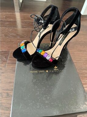 Ruthie Davis Black Velvet Gem-Embellished Lace-Up Sandals